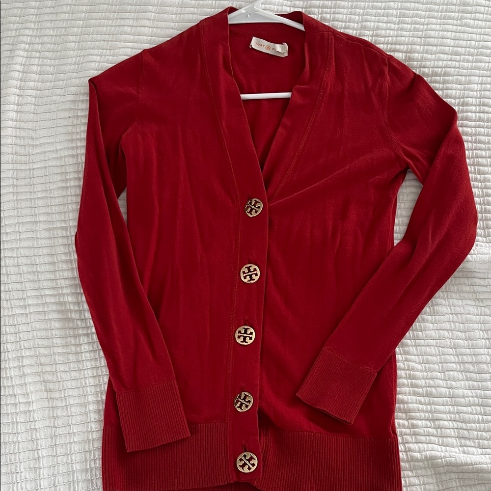 Tory Burch Red Cardigan with Signature Buttons